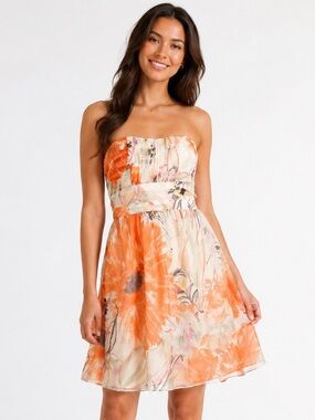 CAMPAIGNE | 100% Silk Strapless Floral Dress